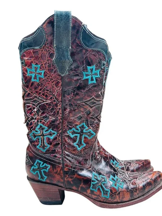 Corral Whiskey Turquoise Three Cross Snip Toe Boots 8.5M Women Brown Teal Wester - Picture 2 of 9